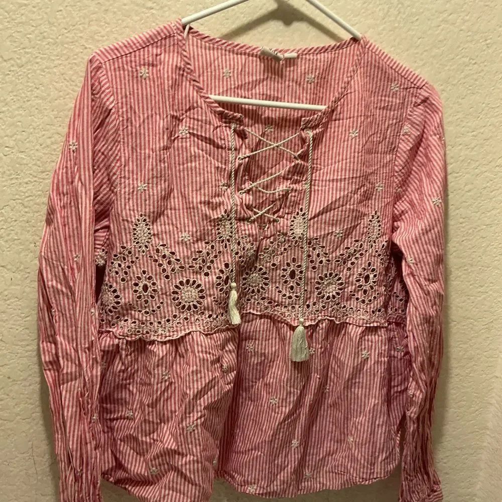 Gap Pink Lace-Up Embroidered Blouse